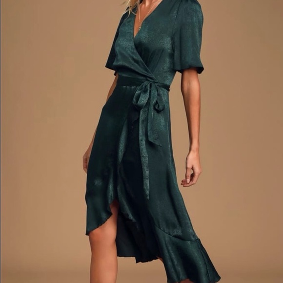 Lulus Wrapped Up in Love dark green faux wrap belted lined midi Dress, size XXS - Picture 4 of 16